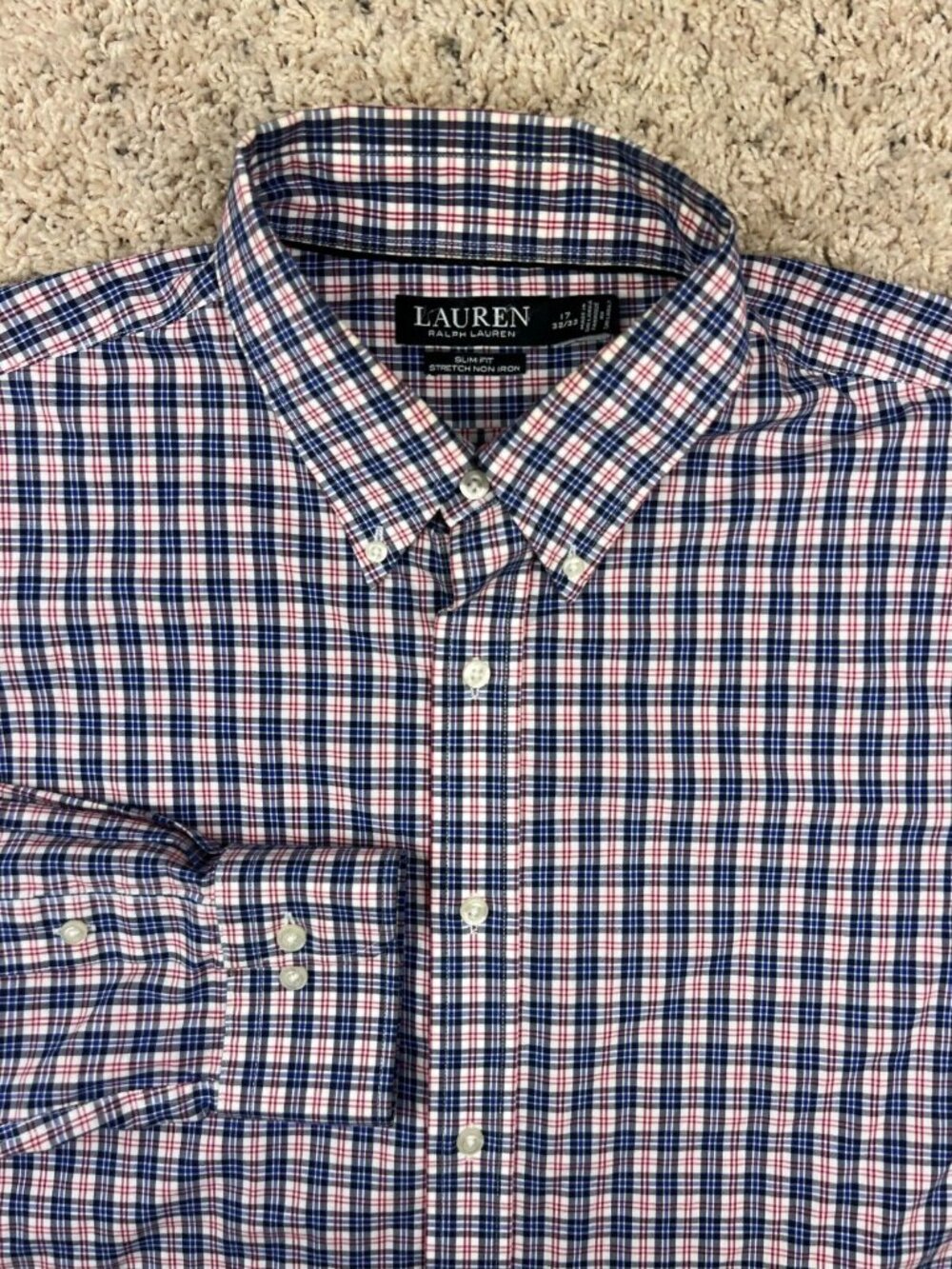 Lauren Ralph Lauren Slim Fit Stretch L/S Dress Shirt Blue White Red Check Cotton